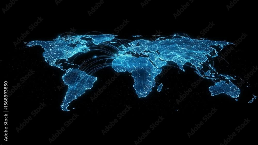 Poster global network connections - a stylized, glowing blue map of the world displays interconnected nodes