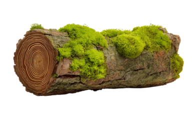 A long, straight log with moss on it, cut in half at the middle and lying flat to show its length isolated on a transparent background in PNG format.
