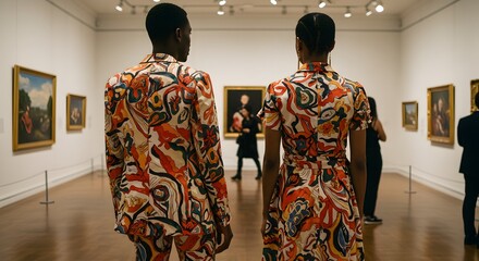 Two People in Vibrant Patterned Outfits Admiring Art in a Gallery, Concept of Fashion, Culture, and Artistic Appreciation, Museum Exhibition, Fashionable, Stylish, Modern, Colorful