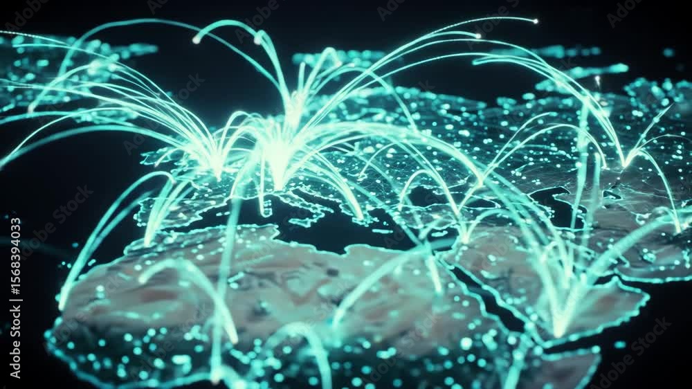 Poster global network connections - a stylized digital world map displays vibrant teal lines illustrating i