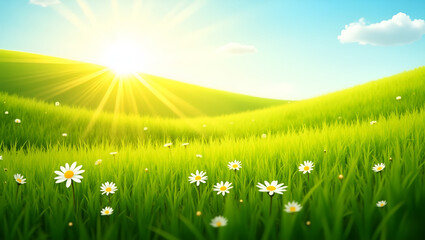 Vibrant spring grass illuminated by soft sunlight, showcasing natural beauty and calm in a serene green meadow scene