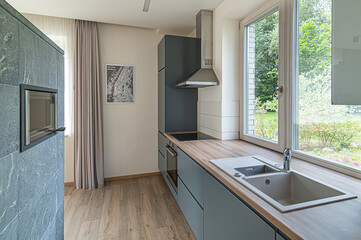 Modern luxury kitchen interior in minimal scandinavian style, 3d render
