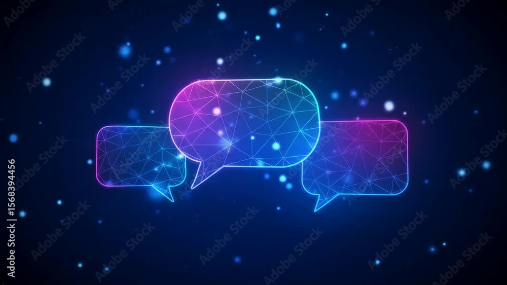 Poster neon speech bubbles network communication - three glowing neon speech bubbles, video in a low-poly s