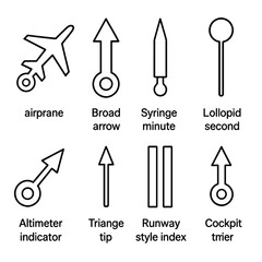 Aviation Watch Hands. Outline style icons of Aviation Watch Hands: airplane-shaped GMT hand, broad arrow hour, syringe minute,