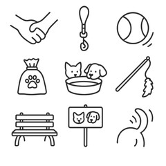 Pet Play Date Icons. Outline style icons of Pet Play Date: dog paw shake, leash clip, tennis ball toss, treat bag, water bowl