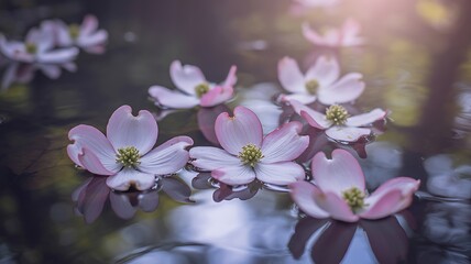 Soft focus pink dogwood flowers floating serenely on dark rippling water