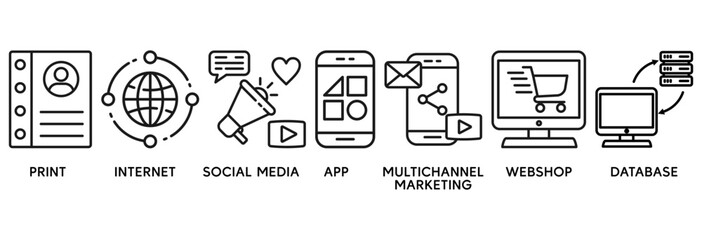 Naklejka premium Cross media icon set vector illustration concept relate to print, internet, social media, app, multichannel marketing, webshop and database