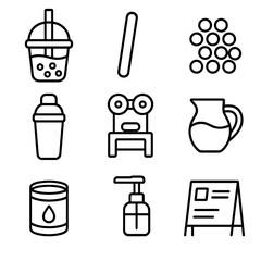 Fototapeta premium Bubble Tea Icons. Outline style icons of Bubble Tea Station: sealed cup, fat straw, tapioca pearls, shaker tumbler, sealing