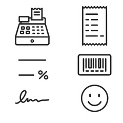 POS Receipt Icons. Line style icons of Point-of-Sale Receipt: cash register, item list strip, subtotal line, tax add row, tip