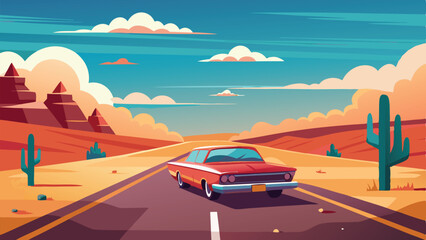 Classic Red Car on Desert Road with Cacti and Mountain Landscape Cartoon