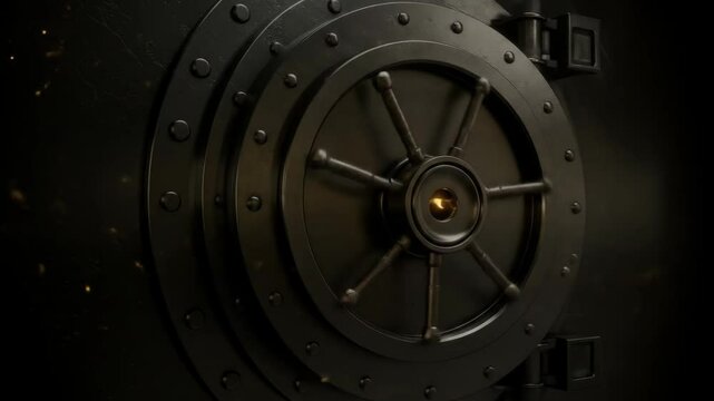 Rotating Bank Vault Door Close Up - A close-up view of a large, black bank vault door slowly rotating.