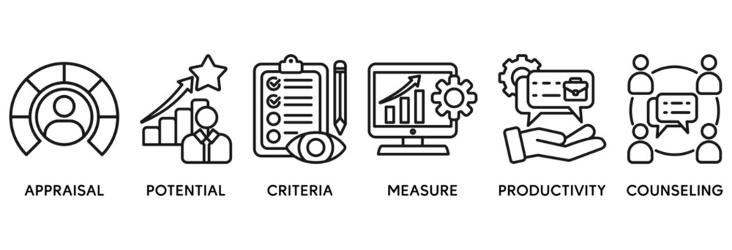 Performance review icon set vector illustration concept relate to employee job performance evaluation with an icon of appraisal, potential, criteria, measure, productivity, and counseling