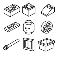 Building Block Icons. Line style icons of Building Block Set: 2×4 brick, 2×2 cube, flat plate, sloped roof piece, minifigure head,