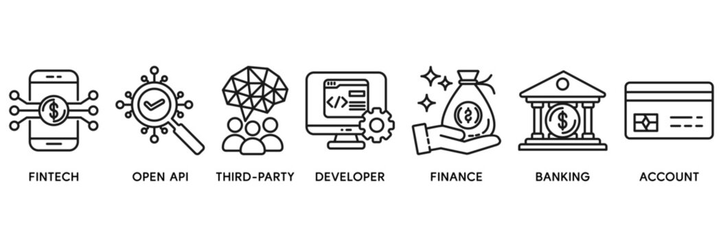 Open banking icon set vector illustration concept relate to financial technology with an icon of the fintech, coding, open API, finance, banking, third party developer, and account