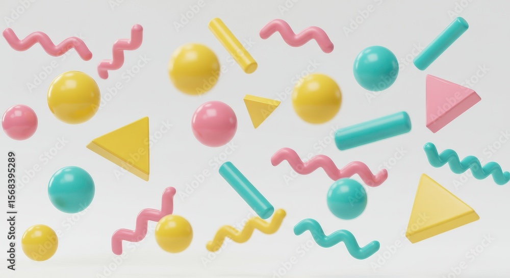 Fototapete pastel geometric shapes scattered on a light surface creating a playful arrangement style design