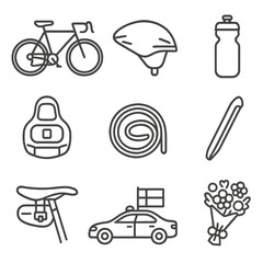 Obraz premium Cycling Race Icons. Line style icons of Road Cycling Race: drop-bar bike, aero helmet, bidon bottle, pedal cleat, spare tube, tire
