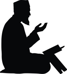 Man Sitting and Praying with Hands Raised, Holding Holy Book, Islamic Worship Silhouette on White Background
