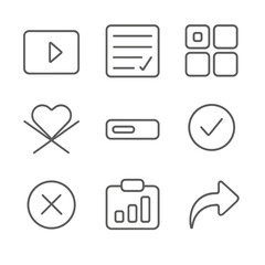 Quiz App Icons. Line style icons of Quiz App Interface: start quiz button, category dropdown, multiple-choice grid, lifeline icon,