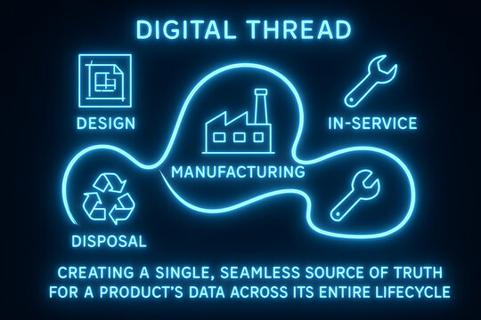 Digital Thread Infographic for Product Lifecycle Management, Data Integration, and Manufacturing
