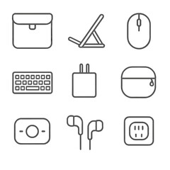 Remote Work Essentials. Line style icons of Remote Work Travel Pack: laptop sleeve, folding stand, compact mouse, portable