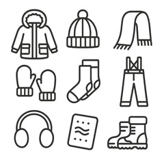 Winter Clothing Icons. Line style icons of Winter Clothing Layering: insulated parka, knitted beanie, fleece scarf, wool mittens,