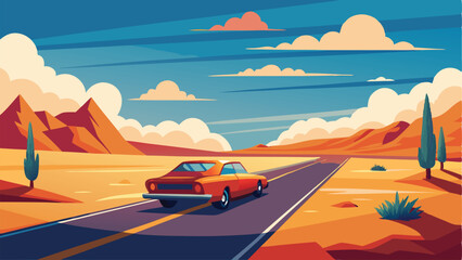 Fototapeta premium Orange Car Driving Through Desert Landscape with Blue Sky and Clouds Illustration
