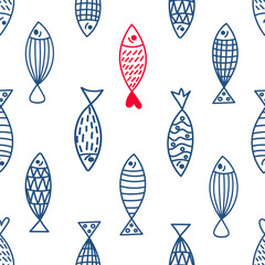 Cute blue, red fish. Sardines, salmon. Vector seamless pattern