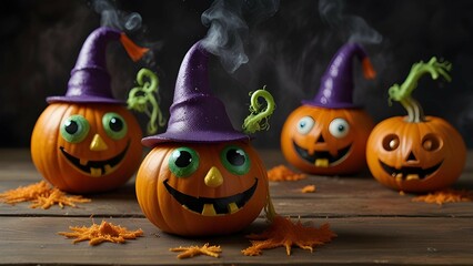 Create a funny wizard pumpkin casting silly spells that accidentally turn witches into frogs and brooms into bubble blowers.