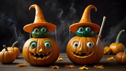 Create a funny wizard pumpkin casting silly spells that accidentally turn witches into frogs and brooms into bubble blowers.