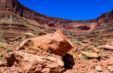 Layered geological formations of red rocks in Canyonlands National Park is in Utah near Moab