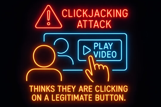 Clickjacking Attack Warning Infographic for Cybersecurity Training, Presentations, and Technical Documentation