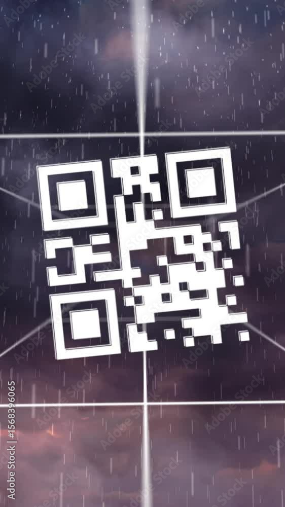 Poster animation of qr code over sky with clouds and rain