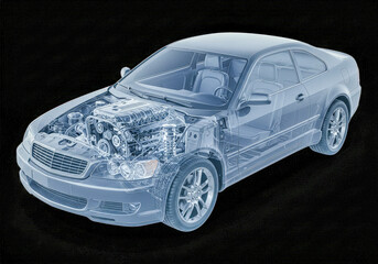X-ray view of a car revealing its engine and chassis. Technical illustration for automotive engineering and design concept.