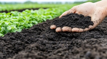 Dark soil being examined by a hand.