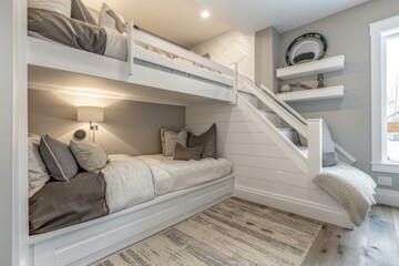 Stylish and space saving bunk bed design with integrated stairs and drawers, creating a functional and inviting kids' room