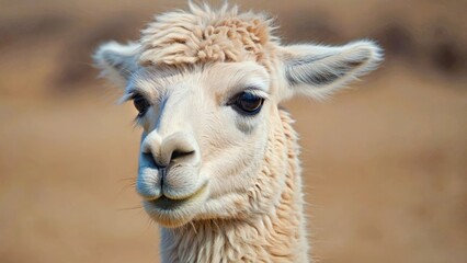 Fototapeta premium Close-up portrait of a curious alpaca with fluffy fur and alert ears