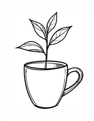 Line Art Drawing of Tea Plant Growing in Mug