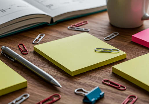 Desk setup with pen, sticky note, paper clips, and binder clip on a wooden table. Office supplies concept.