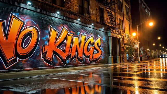 graffiti art wall at city street with word No King on the wall