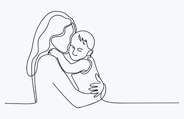 one line drawing mother baby hug, Mother and baby continuous line art vector illustration, mothers day celebration background, A mom hug the baby one line art