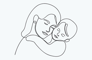 one line drawing mother baby hug, Mother and baby continuous line art vector illustration, mothers day celebration background, A mom hug the baby one line art