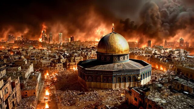 aerial view of Jerusalem city burning in fire with dome of the rock 
