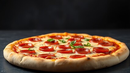 Pepperoni pizza with melted cheese on a dark slate, showcasing delicious comfort food.