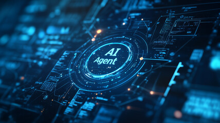 Blue-toned corporate background with tech-inspired digital elements and glowing text AI Agent at the center, symbolizing modern AI integration
