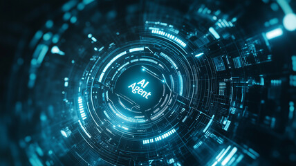 Blue-toned corporate background with tech-inspired digital elements and glowing text AI Agent at the center, symbolizing modern AI integration