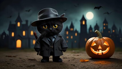 Create a funny detective pumpkin in trench coat and magnifying glass investigating a mystery in a spooky town full of mischievous black cats.
