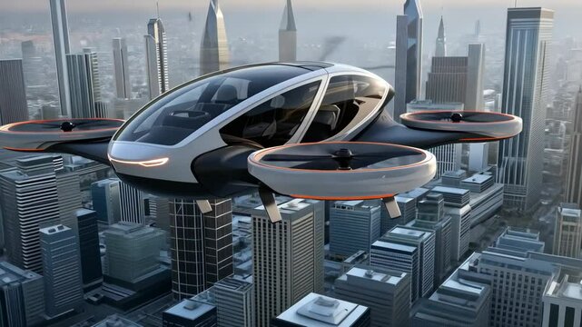 futuristic car hover over urban city street at night