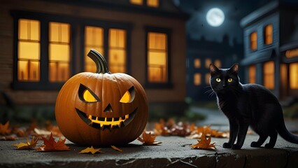 Create a funny detective pumpkin in trench coat and magnifying glass investigating a mystery in a spooky town full of mischievous black cats.