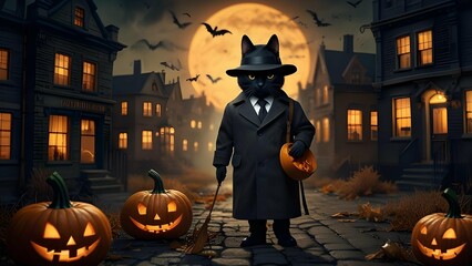 Create a funny detective pumpkin in trench coat and magnifying glass investigating a mystery in a spooky town full of mischievous black cats.
