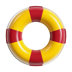Obraz premium A red and yellow striped life preserver floating, 3D rendering, isolated on a transparent background in PNG format.